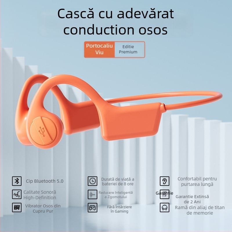 Căști Bluetooth cu conducție osoasă, cu cârlig pentru ureche pentru alergare, wireless, rază 10 m, Bluetooth 5.3, autonomie >8 ore, reducere zgomot