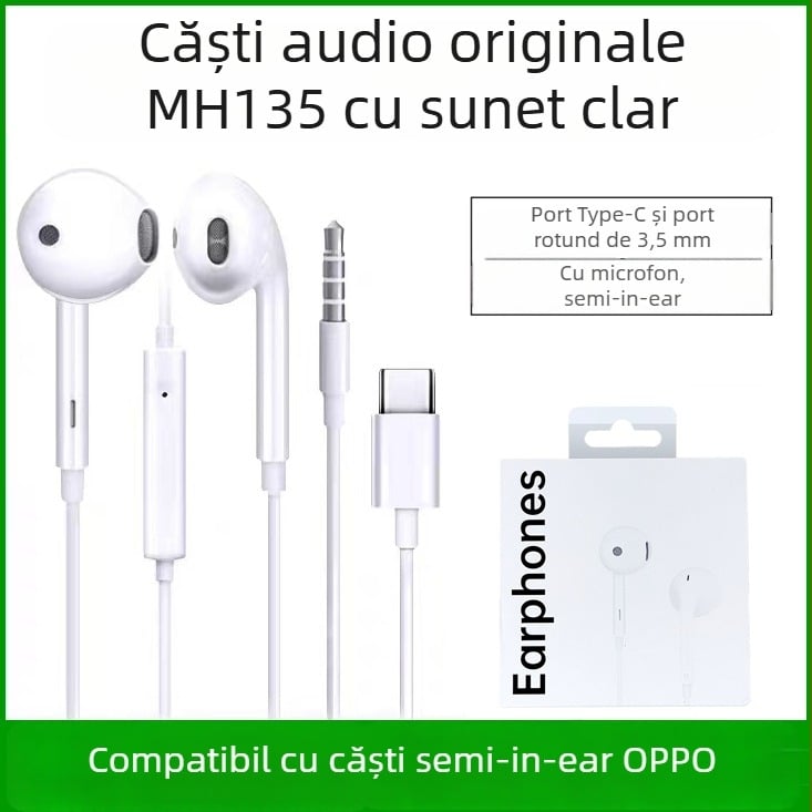 MH135 căști in-ear compatibile OPPO R17/R15, cu conector TYPE-C și difuzor cu bobină în mișcare