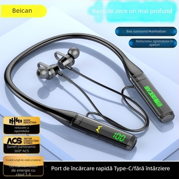 Căști Bluetooth cu bandă pentru gât, anulare zgomot, autonomie lungă și redare muzică pentru sport (Bluetooth 5.0; design pe gât; autonomie >8 ore; rezistente la apă; redare muzică)