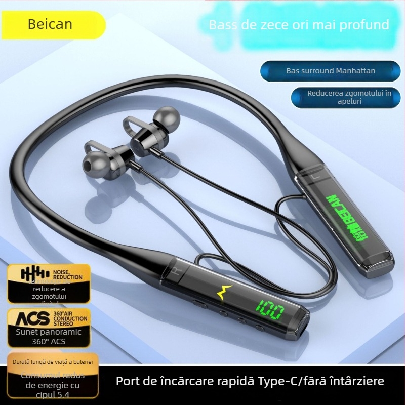 Căști Bluetooth cu bandă pentru gât, anulare zgomot, autonomie lungă și redare muzică pentru sport (Bluetooth 5.0; design pe gât; autonomie >8 ore; rezistente la apă; redare muzică)