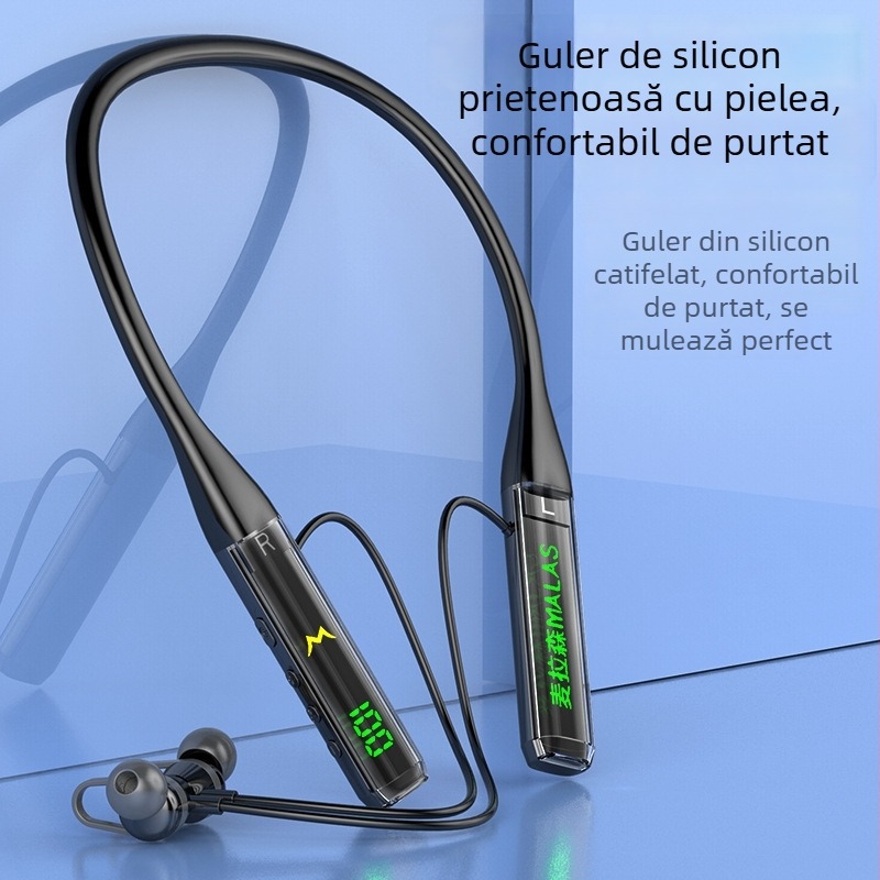 Căști Bluetooth cu bandă pentru gât, anulare zgomot, autonomie lungă și redare muzică pentru sport (Bluetooth 5.0; design pe gât; autonomie >8 ore; rezistente la apă; redare muzică)