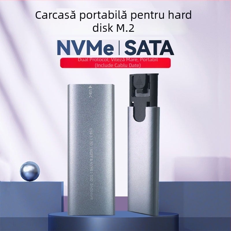 Carcasă externă SSD M.2 NVMe NGFF, protocol dual USB 3.1 Gen2, aliaj aluminiu-magneziu, suport până la 2 TB, viteză 10 Gbps