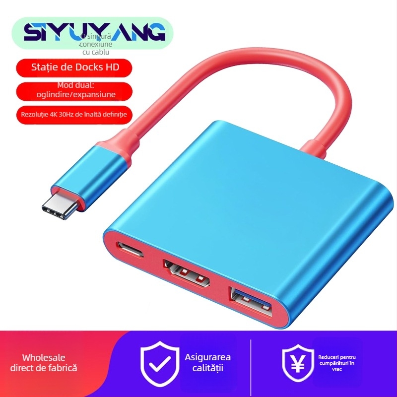 Stație docking Type-C 3-in-1 pentru HDTV/TV/proiector — ieșire 4K, cablu de 0,1 m, fără alimentare externă