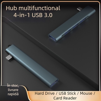 Stație docking USB 3.0 Type-C cu 4 porturi, pentru telefoane și calculatoare, 5 Gbps transfer, alimentare prin USB