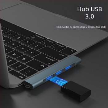 Stație docking USB 3.0 Type-C cu 4 porturi, pentru telefoane și calculatoare, 5 Gbps transfer, alimentare prin USB