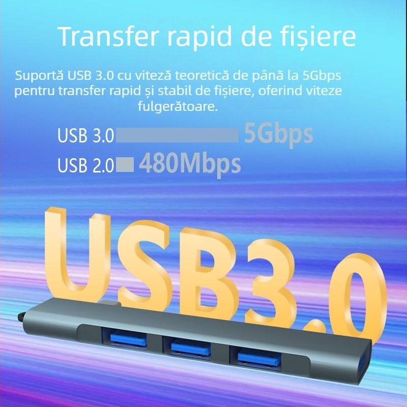 Stație docking USB 3.0 Type-C cu 4 porturi, pentru telefoane și calculatoare, 5 Gbps transfer, alimentare prin USB