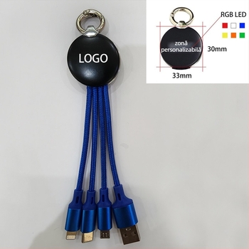 Cablu 4 în 1 pentru date și încărcare cu breloc – Lightning, Micro USB și Type-C; splitter 1 la 3; indicator luminos; cablu din țesătură; putere maximă 5W