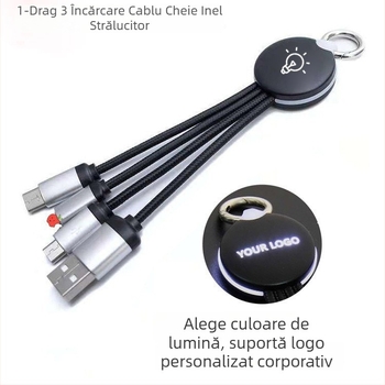 Cablu 4 în 1 pentru date și încărcare cu breloc – Lightning, Micro USB și Type-C; splitter 1 la 3; indicator luminos; cablu din țesătură; putere maximă 5W