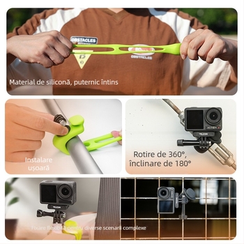Montură de mână GoPro din silicon elastic, cu clemă și curea elastică, compatibil universal, materiale: silicon, aliaj de aluminiu, oțel inoxidabil, PC