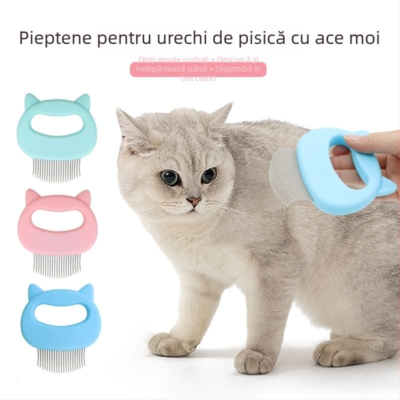 Pieptene de îngrijire pentru animale de companie cu design de urechi de pisică, masaj, pentru pisici și câini; material ABS și oțel inoxidabil; 48 g