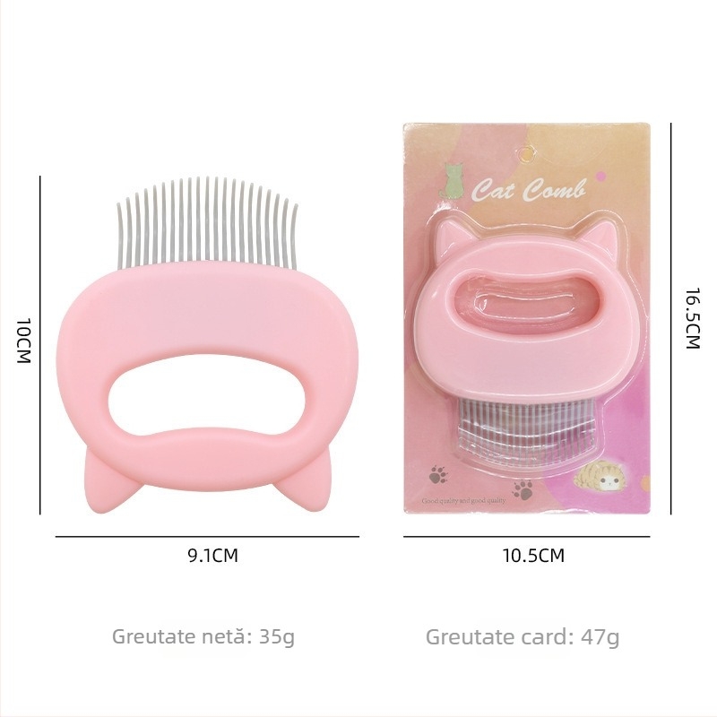 Pieptene de îngrijire pentru animale de companie cu design de urechi de pisică, masaj, pentru pisici și câini; material ABS și oțel inoxidabil; 48 g