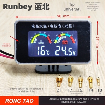 Display LED pentru autoturism RT237C — monitor digital pentru temperatura apei și tensiune, 12V/24V, cu alarmă, 0,14 kg