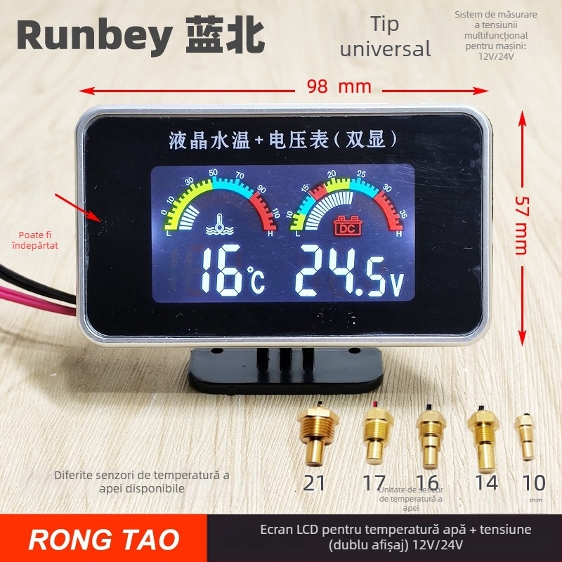 Display LED pentru autoturism RT237C — monitor digital pentru temperatura apei și tensiune, 12V/24V, cu alarmă, 0,14 kg