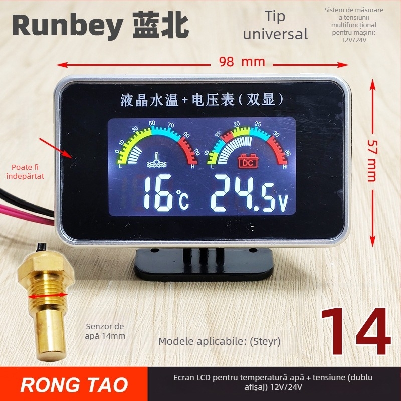 Display LED pentru autoturism RT237C — monitor digital pentru temperatura apei și tensiune, 12V/24V, cu alarmă, 0,14 kg