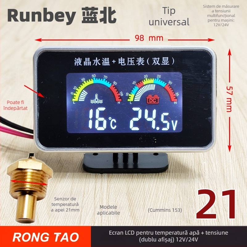 Display LED pentru autoturism RT237C — monitor digital pentru temperatura apei și tensiune, 12V/24V, cu alarmă, 0,14 kg