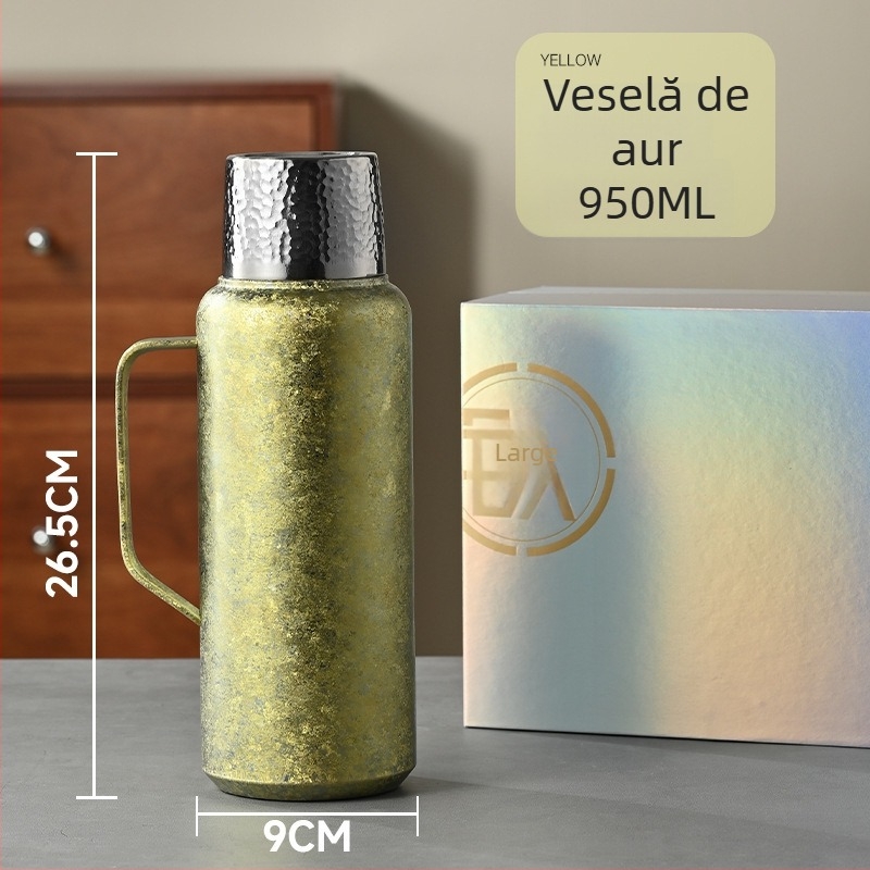 Termos din titan pur, izolație în vid, termometru mecanic, compartiment pentru ceai și capac cu deschidere basculantă.