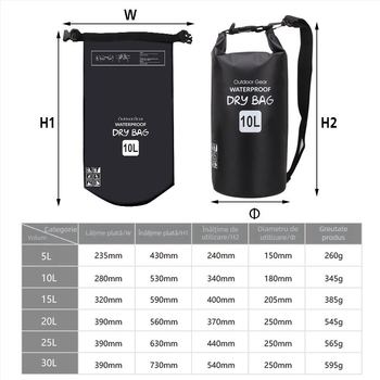 Geantă impermeabilă PVC de tip găleată pentru activități în aer liber – înot, scufundări, alpinism, camping – 5L/10L/20L/30L