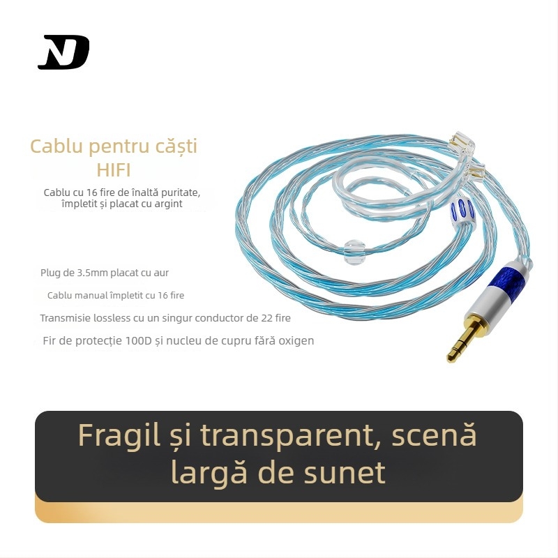 Cablu pentru căști cu 16 nuclee, împletire balansată, nucleu din cupru placat cu argint, conductori din cupru neoxidat, conectori 2.5/3.5/4.4 mm