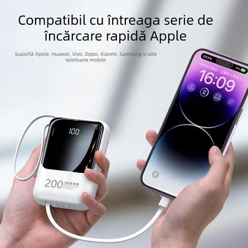 Baterie Externă 20000mAh cu Cablu Încorporat, Încărcare QC2.0 Rapidă, Ieșire 22.5W