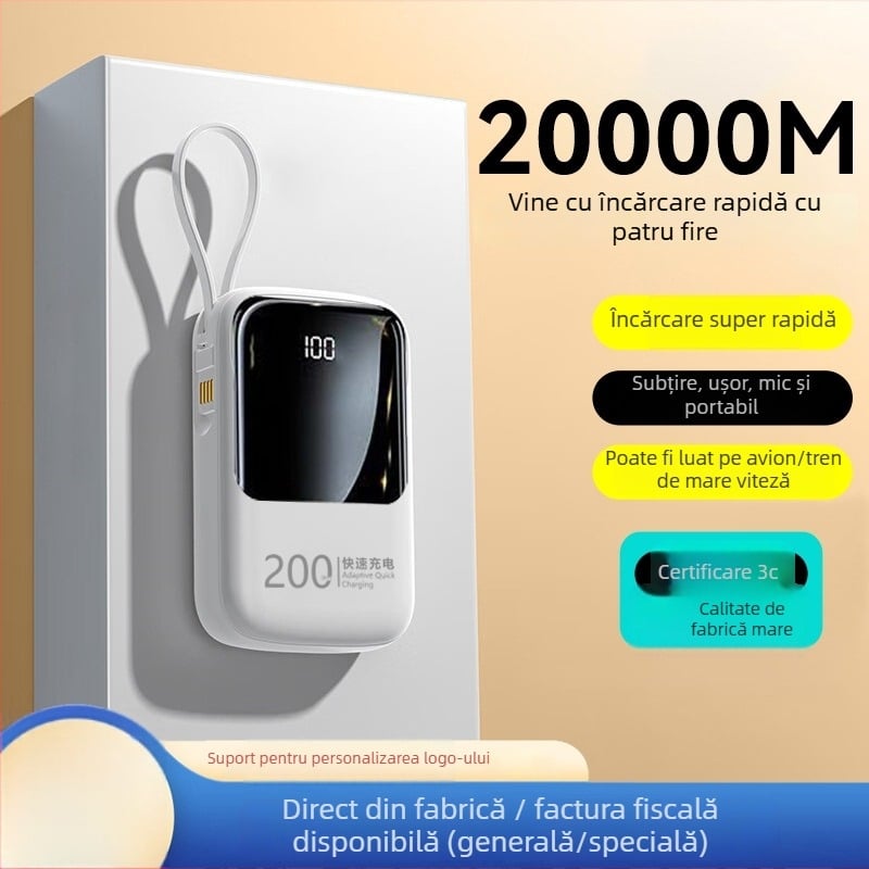 Baterie Externă 20000mAh cu Cablu Încorporat, Încărcare QC2.0 Rapidă, Ieșire 22.5W