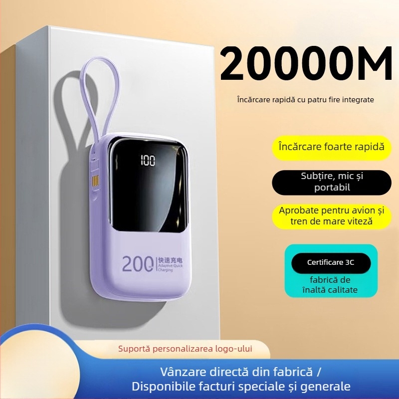 Baterie Externă 20000mAh cu Cablu Încorporat, Încărcare QC2.0 Rapidă, Ieșire 22.5W