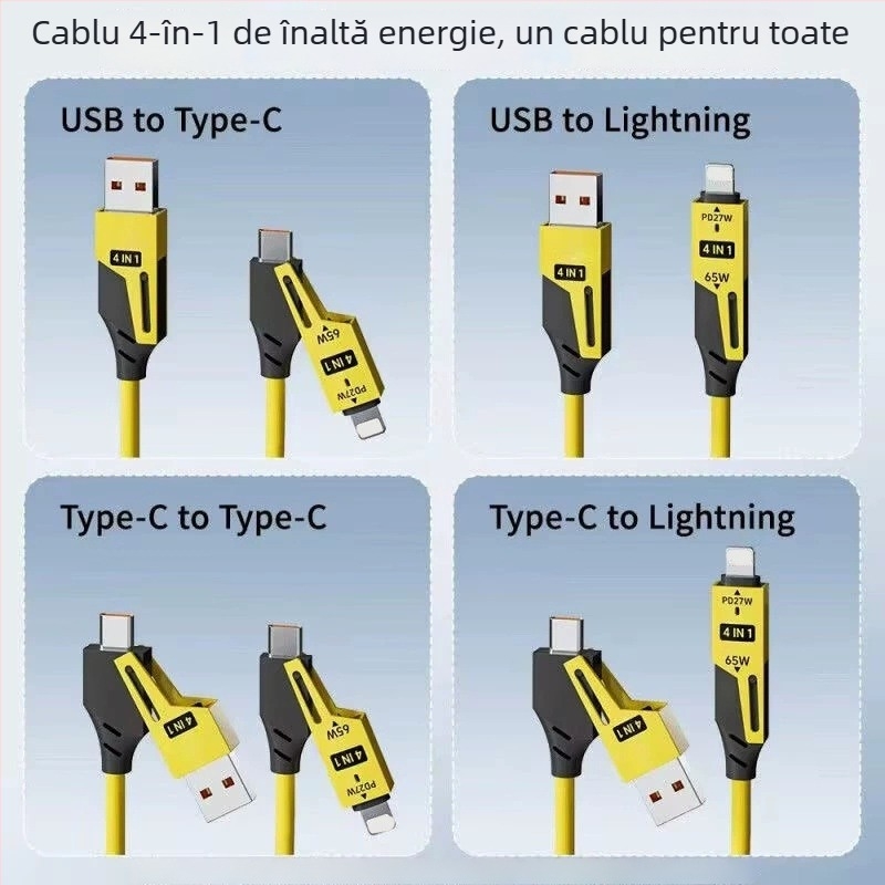 Glory cablu de încărcare retractabil 65W, 4 în 1, cu Lightning și Type-C, din silicon, conectori duali, PD încărcare rapidă
