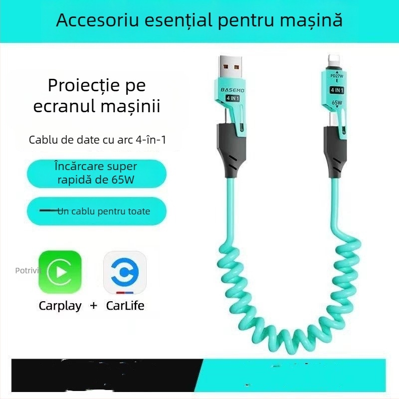 Glory cablu de încărcare retractabil 65W, 4 în 1, cu Lightning și Type-C, din silicon, conectori duali, PD încărcare rapidă