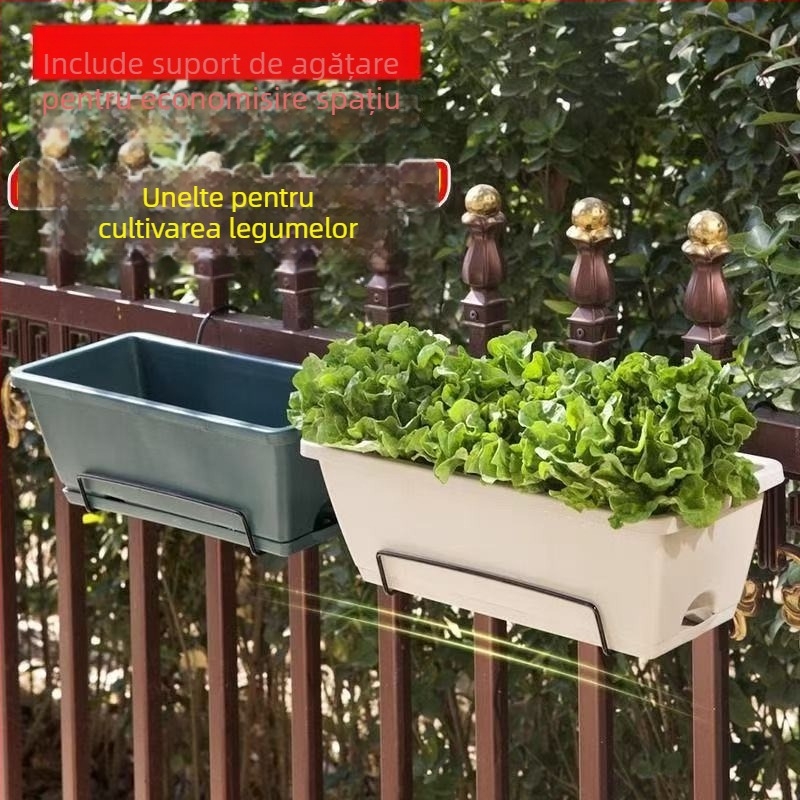 Ghiveci dreptunghiular pentru balcon, din rășină, pentru legume, cu debit de apă reglabil