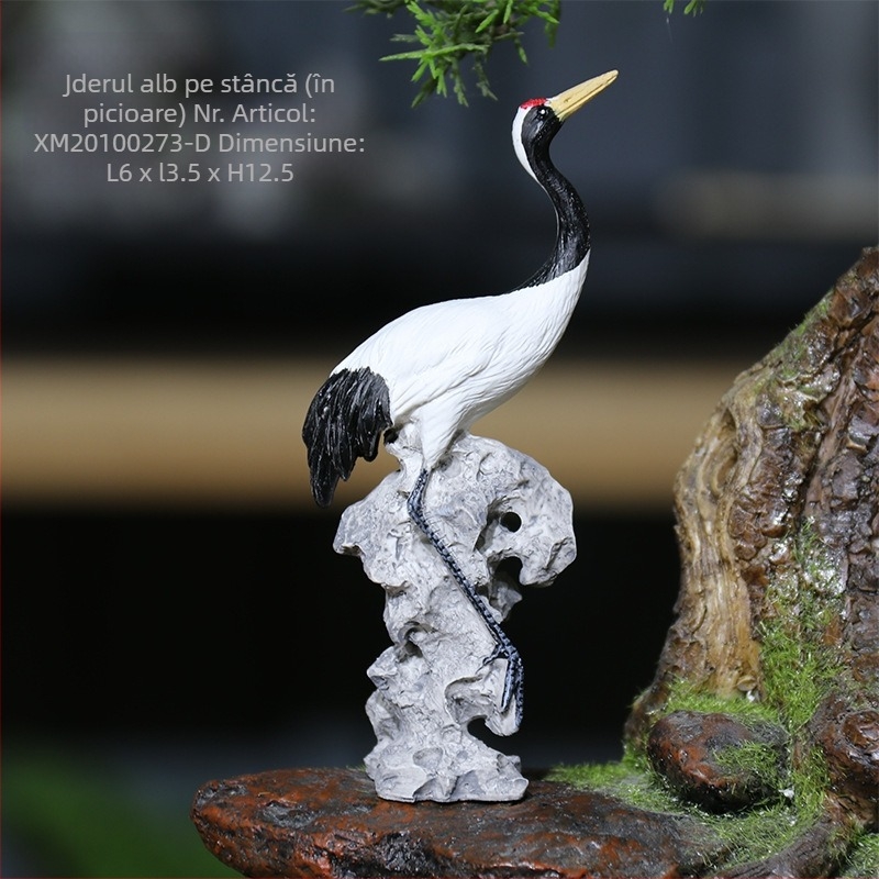 Ozdobă cu stârc în mini peisaj cu stâncă și apă curgătoare pentru bonsai - rășină naturală - stil chinezesc - marcă Little humble craftsman