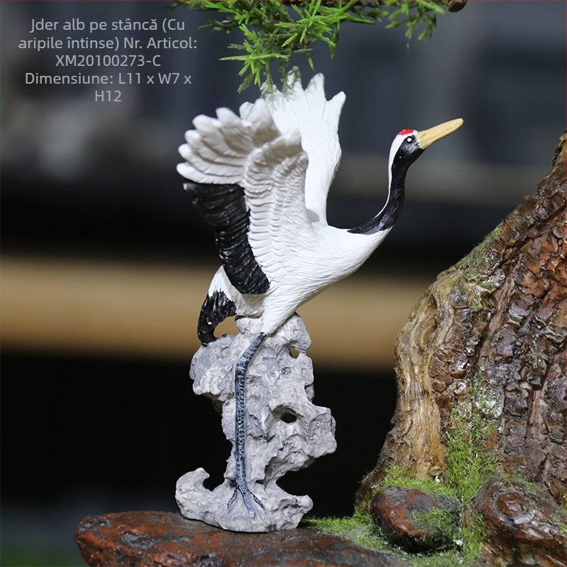 Ozdobă cu stârc în mini peisaj cu stâncă și apă curgătoare pentru bonsai - rășină naturală - stil chinezesc - marcă Little humble craftsman