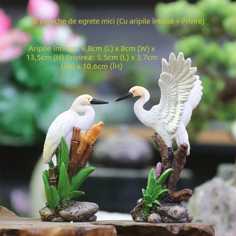 Ozdobă cu stârc în mini peisaj cu stâncă și apă curgătoare pentru bonsai - rășină naturală - stil chinezesc - marcă Little humble craftsman