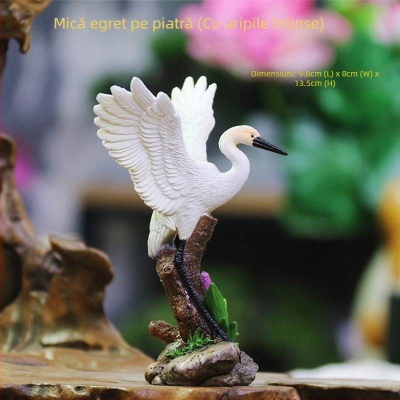Ozdobă cu stârc în mini peisaj cu stâncă și apă curgătoare pentru bonsai - rășină naturală - stil chinezesc - marcă Little humble craftsman