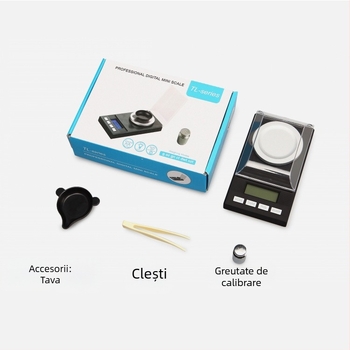 Cântar electronic pentru bijuterii, model 128, capacitate 50 g, precizie 0.001 g, măsurare electronică, alimentare cu baterii AA, multifuncțional