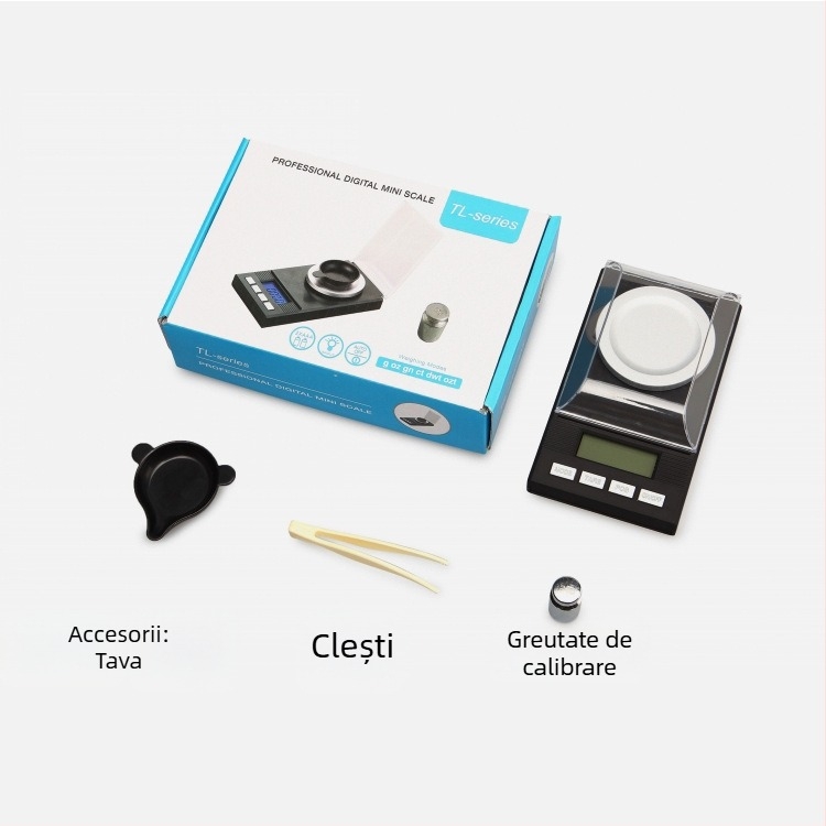 Cântar electronic pentru bijuterii, model 128, capacitate 50 g, precizie 0.001 g, măsurare electronică, alimentare cu baterii AA, multifuncțional