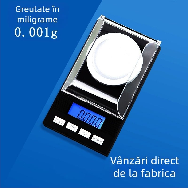 Cântar electronic pentru bijuterii, model 128, capacitate 50 g, precizie 0.001 g, măsurare electronică, alimentare cu baterii AA, multifuncțional