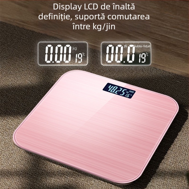 Cântar inteligent pentru uz casnic cu afișaj de temperatură și testare a grăsimii și apei — interval 0,2–180 kg, LCD, senzor de înaltă precizie, sticlă securizată