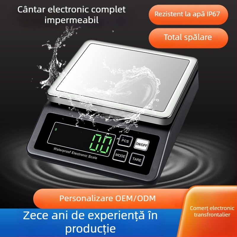 Emperor DH-8903 Cântar de bucătărie impermeabil, 1 kg/0,1 g–15 kg/1 g, oțel inox 304, alimentare prin DC, balanță electronică multifuncțională