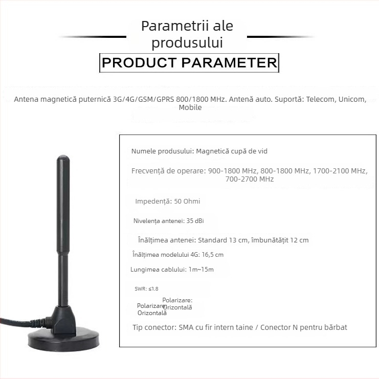 Antena cu ventuză IoT pentru automate de vânzare, bandă completă 4G/LTE/3G/GSM/GPRS, câștig 30 dB, impedanță 50 Ω, SWR ≤ 1.5