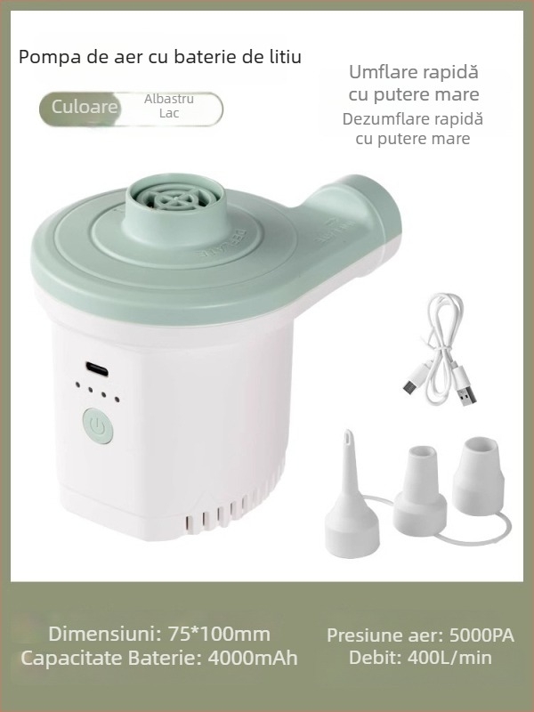 Pompa de aer portabilă pentru obiecte gonflabile cu alimentare auto, 12V, 120W, debit >70 L/min, funcționare continuă >20 min