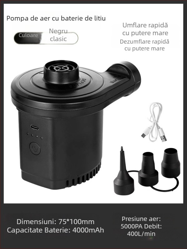 Pompa de aer portabilă pentru obiecte gonflabile cu alimentare auto, 12V, 120W, debit >70 L/min, funcționare continuă >20 min
