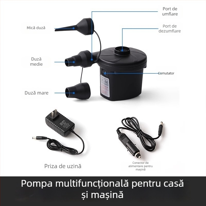 Pompa de aer portabilă pentru obiecte gonflabile cu alimentare auto, 12V, 120W, debit >70 L/min, funcționare continuă >20 min