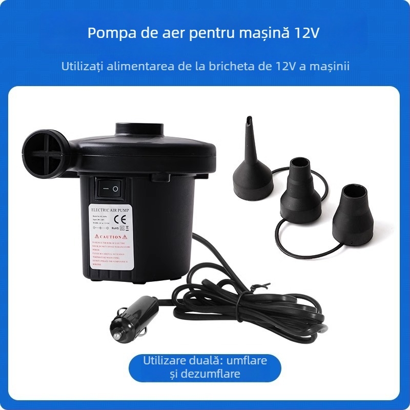 Pompa de aer portabilă pentru obiecte gonflabile cu alimentare auto, 12V, 120W, debit >70 L/min, funcționare continuă >20 min