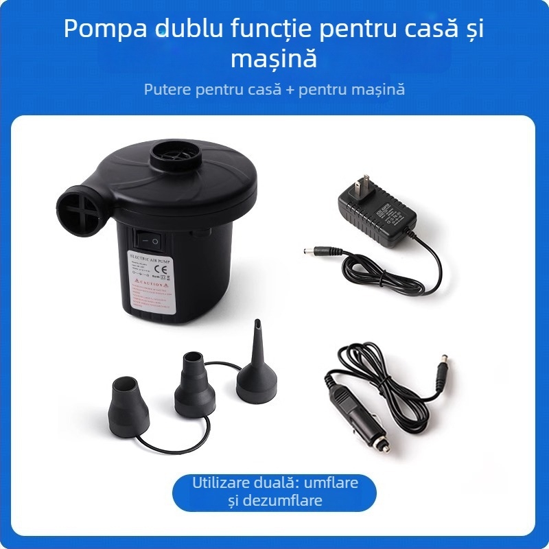 Pompa de aer portabilă pentru obiecte gonflabile cu alimentare auto, 12V, 120W, debit >70 L/min, funcționare continuă >20 min
