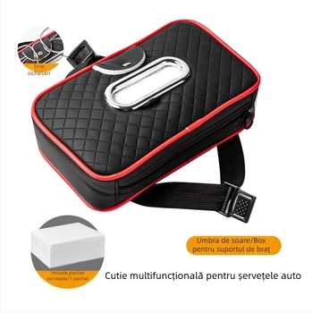 Cutie din piele pentru șervețele auto cu curea, pentru parasolar și pernuța de braț, clips pentru ochelari