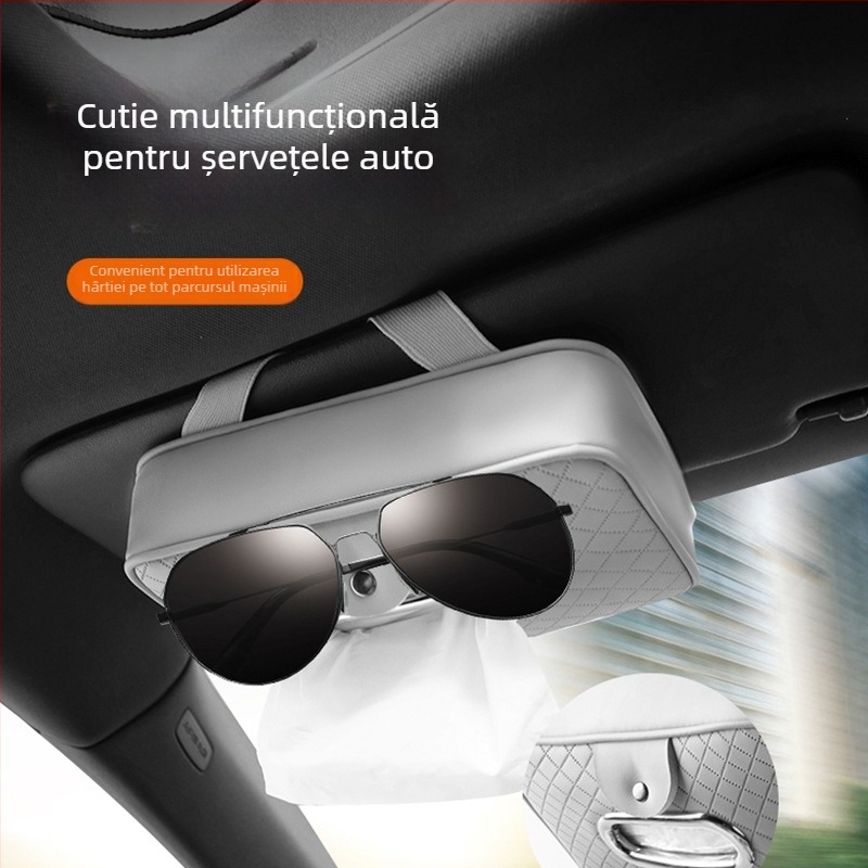 Cutie din piele pentru șervețele auto cu curea, pentru parasolar și pernuța de braț, clips pentru ochelari