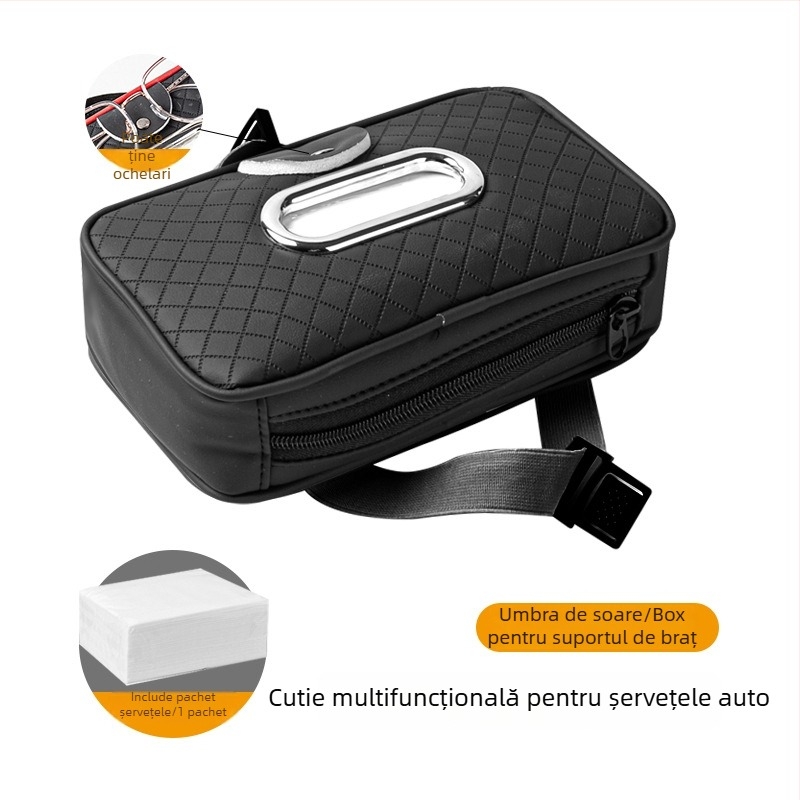 Cutie din piele pentru șervețele auto cu curea, pentru parasolar și pernuța de braț, clips pentru ochelari