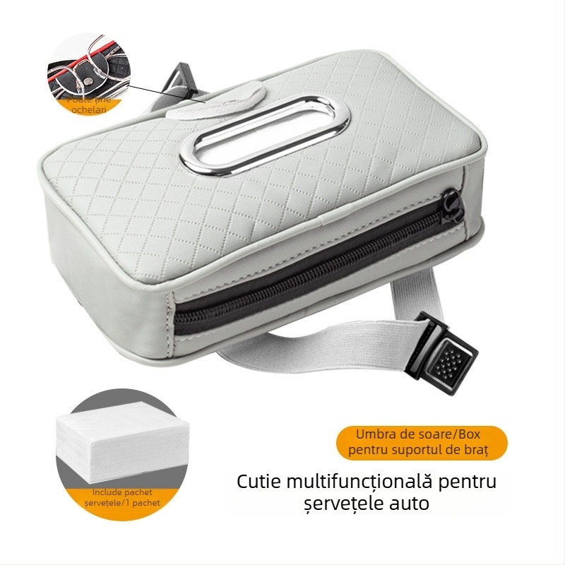 Cutie din piele pentru șervețele auto cu curea, pentru parasolar și pernuța de braț, clips pentru ochelari
