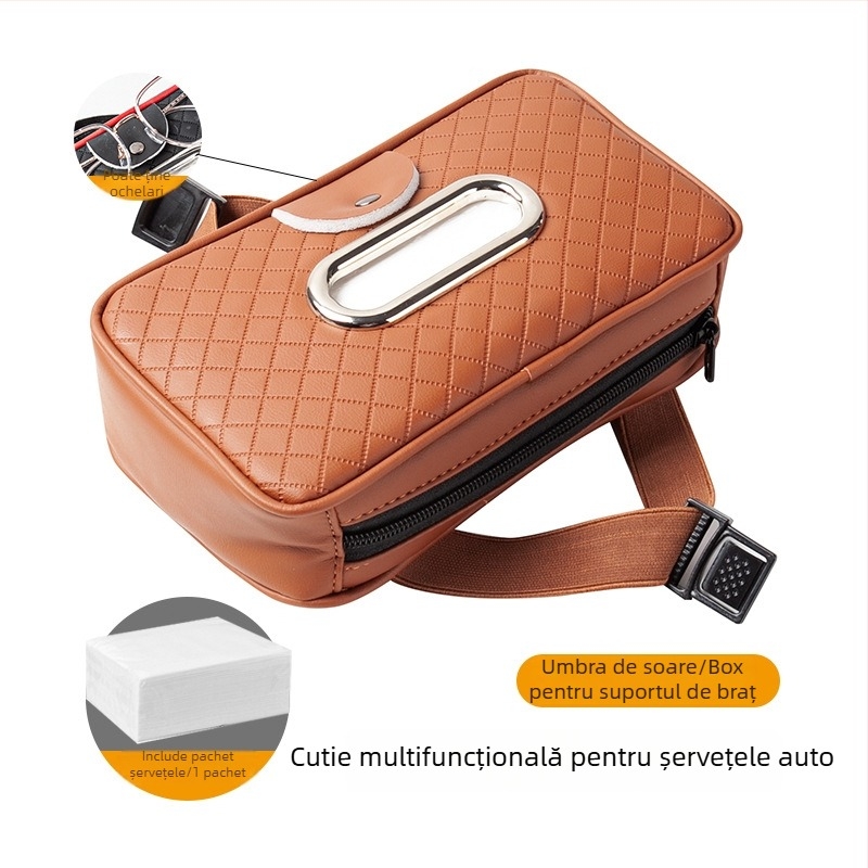 Cutie din piele pentru șervețele auto cu curea, pentru parasolar și pernuța de braț, clips pentru ochelari