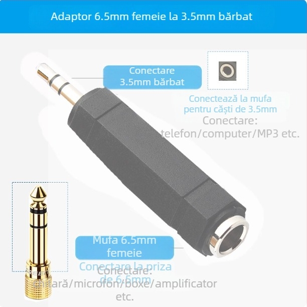 Adaptor audio Akihabara de la 6,5 mm la 3,5 mm pentru chitară, tastatură, microfon și căști – model QD2022/QD2023