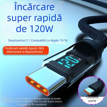 Cablu USB-C textil pentru încărcare, oprire automată, 60W max, lungime 1–2 m